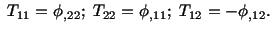 $\displaystyle \ T_{11} = \phi_{,22};\ T_{22} = \phi_{,11};\ T_{12} = -\phi_{,12}.$