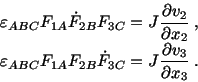 \begin{displaymath}\begin{split}&\varepsilon_{ABC}F_{1A}\dot F_{2B}F_{3C} = J\fr...
...\dot F_{3C} = J\frac{\partial v_3}{\partial x_3}\ . \end{split}\end{displaymath}